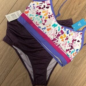 Cupshe M NWT Maroon sparkle high waist tummy control bottom M purple pink bikini